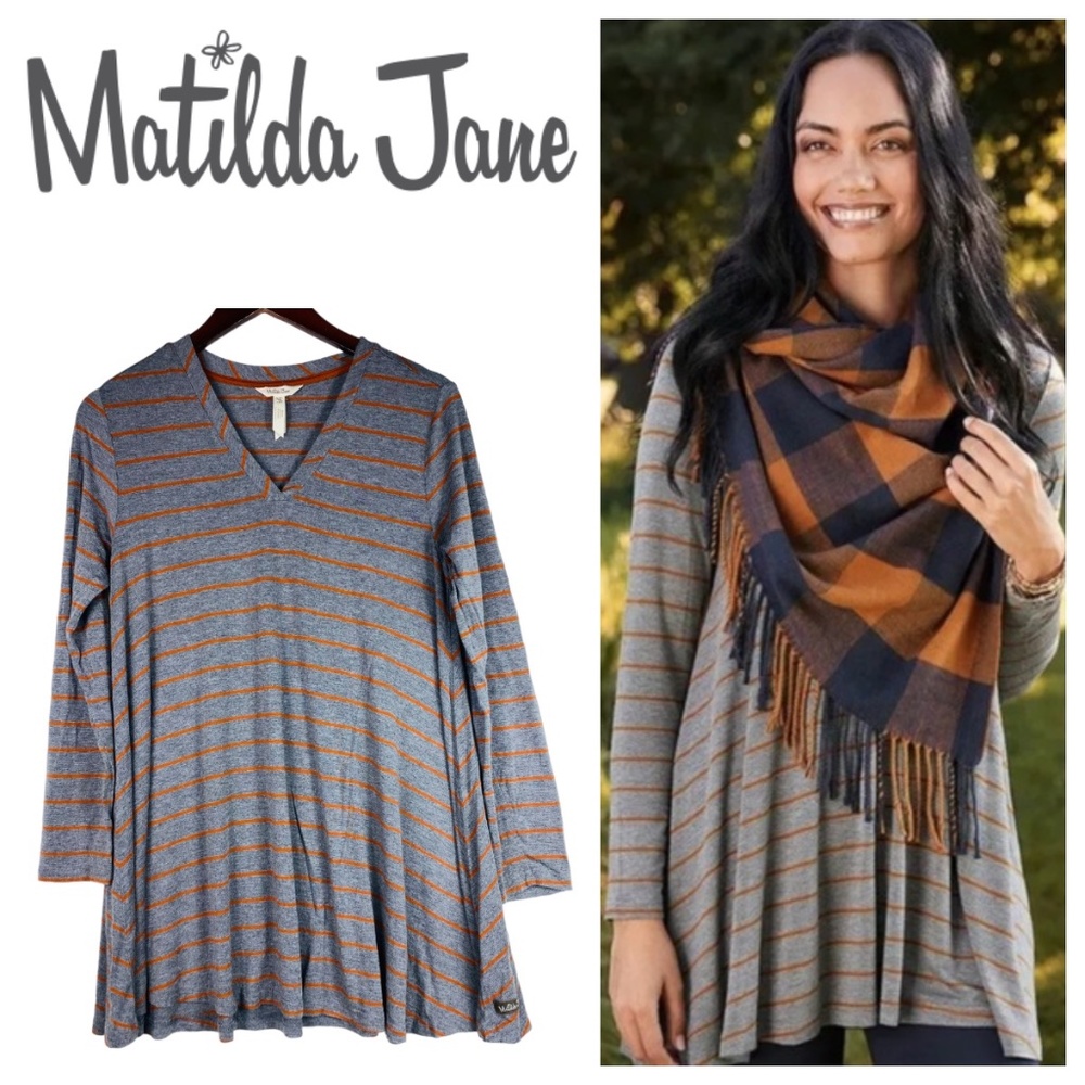 Matilda Jane Windsong Medium Tunic Shirt Top Striped Gray Orange V-Neck Flowy